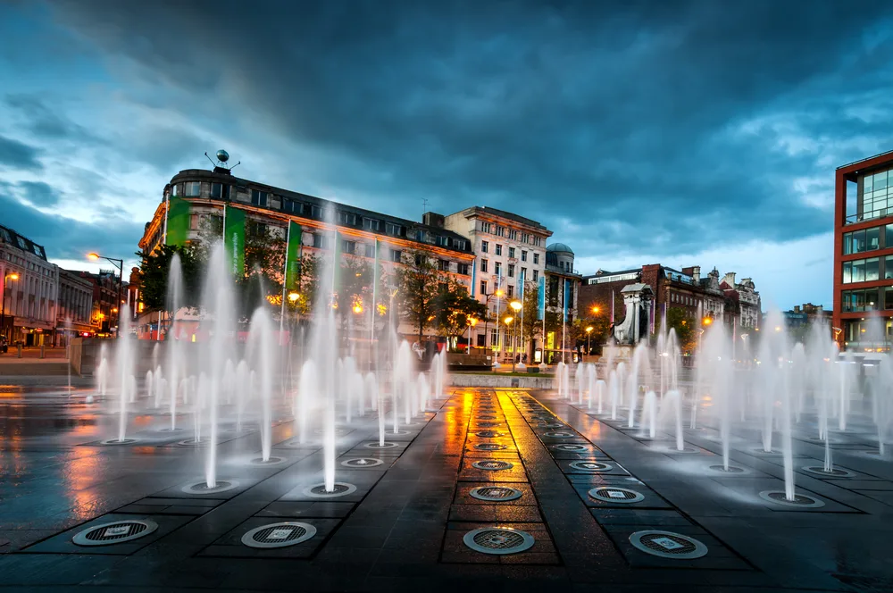 Fountains in the Piccadilly garden outside of the downtown area in Manchester, one of the best places to visit in the United Kingdom