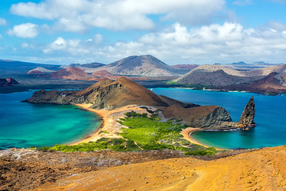 Two crescent-shaped beaches in the Galapagos Islands, one of the best places to visit in South America