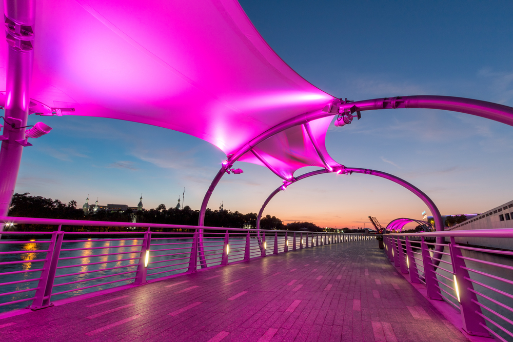 Riverwalk pictured during the night in Tampa with pink lights above the walkway
