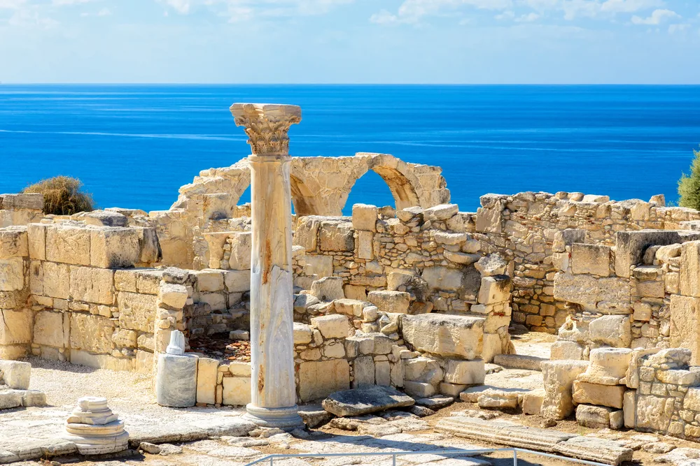 Limasson district overlooking the ocean with ruins of Kourion pictured from the wall