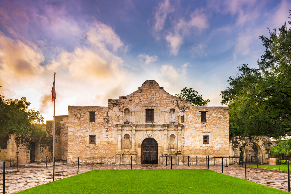 Neat view of the Alamo at dusk pictured during the best time to visit Texas