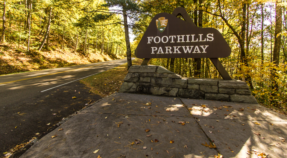 Entrance to the Foothills Parkway in the Great Smoky Mountains pictured during the best overall time to visit Gatlinburg