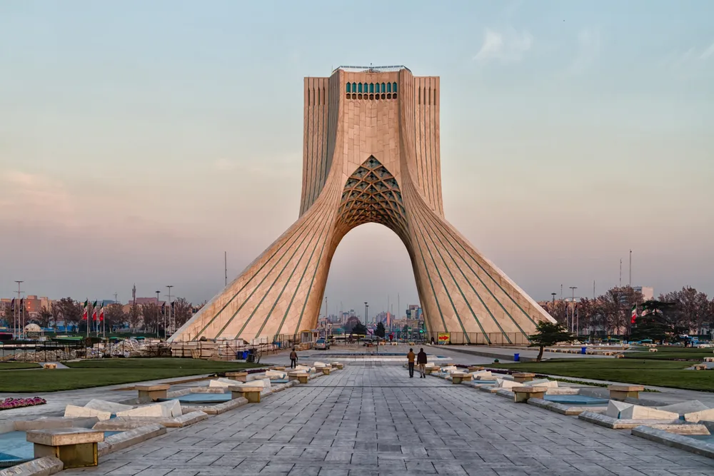 Neat view of the Azadi Tower at dusk in Tehran for a piece titled Is Iran Safe to Visit