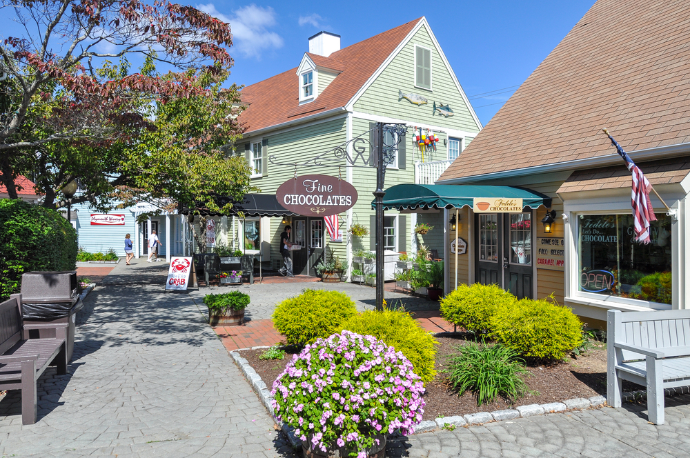 Neat view of the downtown shops in Falmouth for a piece on Is Cape Cod Safe to Visit