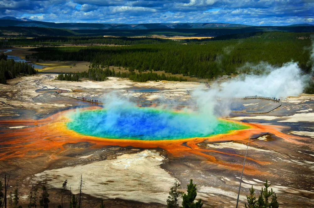 Beautiful prismatic pool at Yellowstone National Park pictured from the air