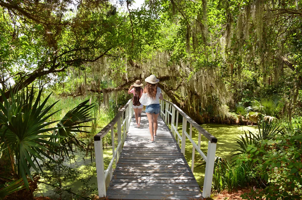 Women wearing big floppy hats and walking along the bridge above the marsh at the Magnolia Plantation during the best time to go to South Carolina
