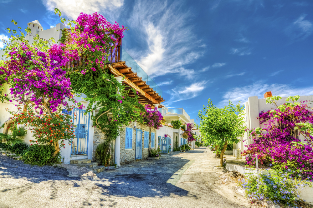 Street view of the small town of Bodrum, one of the best places to visit in Turkey, with colorful flowers along the buidings