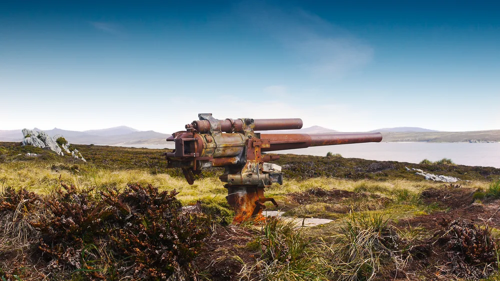 Rusting WW2 cannon sitting on the coast of East Falkland pictured during the winter, the worst time to visit