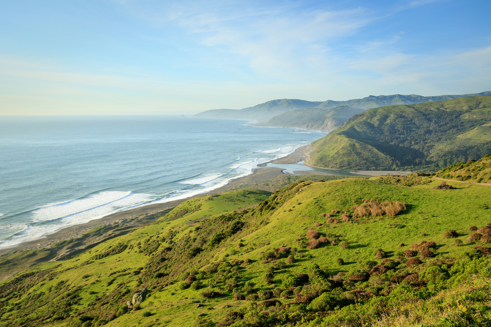 Aerial view of the grassy hills along the Lost Coast in California, one of the best places to visit in NorCal with unspoiled beaches and coastal scenery