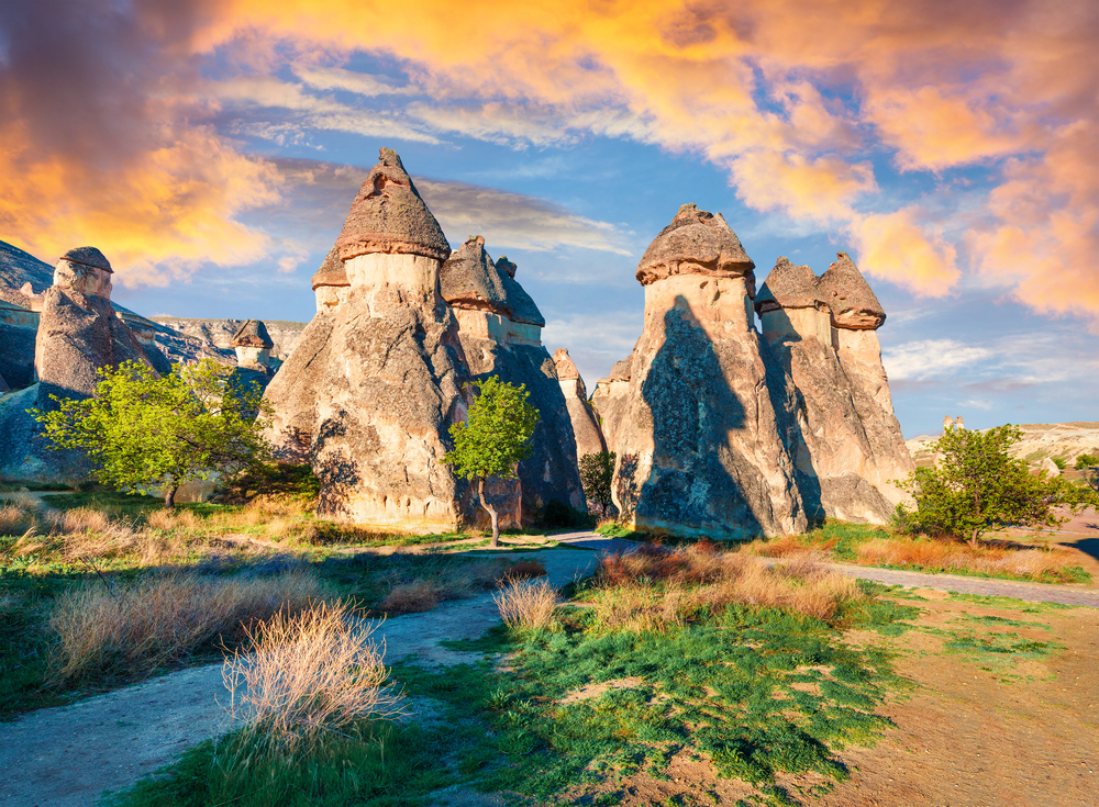 Very neat mushroom-style rock formations in the Cavusin Village pictured with nobody around during the least busy time to visit Cappadocia