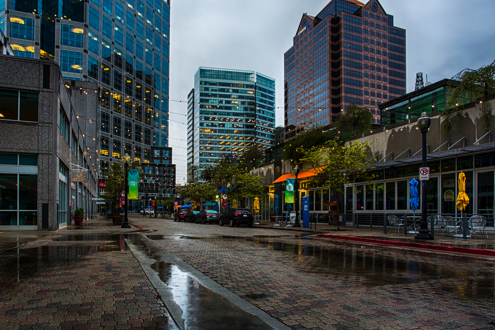 Rainy day with downtown pictured during the worst time to visit Salt Lake City