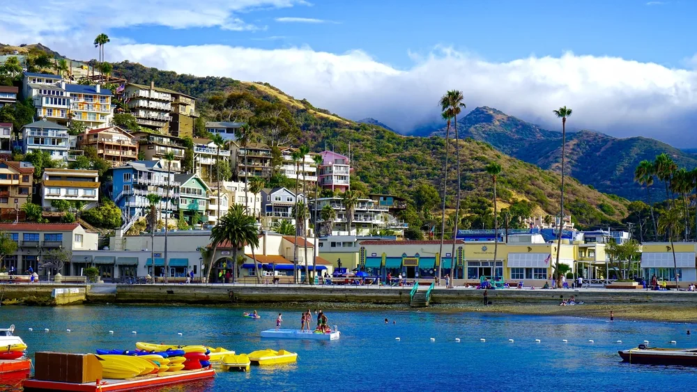 Photo of the colorful homes on the hillside pictured during the best time to visit Catalina Island with people playing in the water and blue skies above