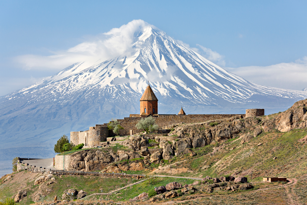Castle-like Virap church with Mount Ararat, one of the best places to visit in Turkey, pictured in the background