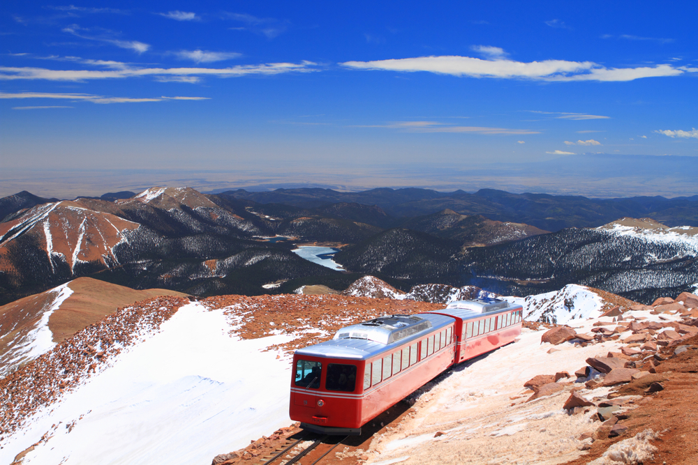 The cog rail in Colorado Springs pictured at the summit with snow on the ground