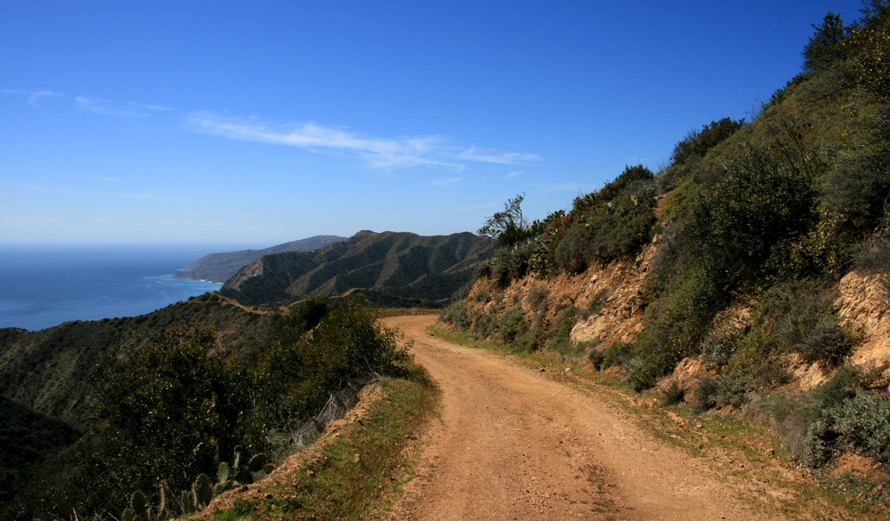 Hiking trails on the backside of Catalina Island with a dirt path in the middle of two steep hills