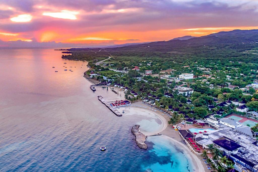 Aerial view of the Royal Decameron Club Caribbean Resort, one of the best in the Caribbean, as seen at dusk