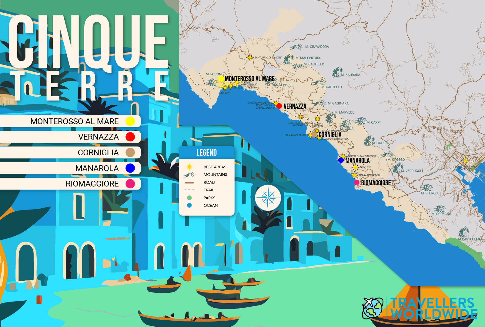 Where to Stay in Cinque Terre map in vector format featuring the 5 best areas of town