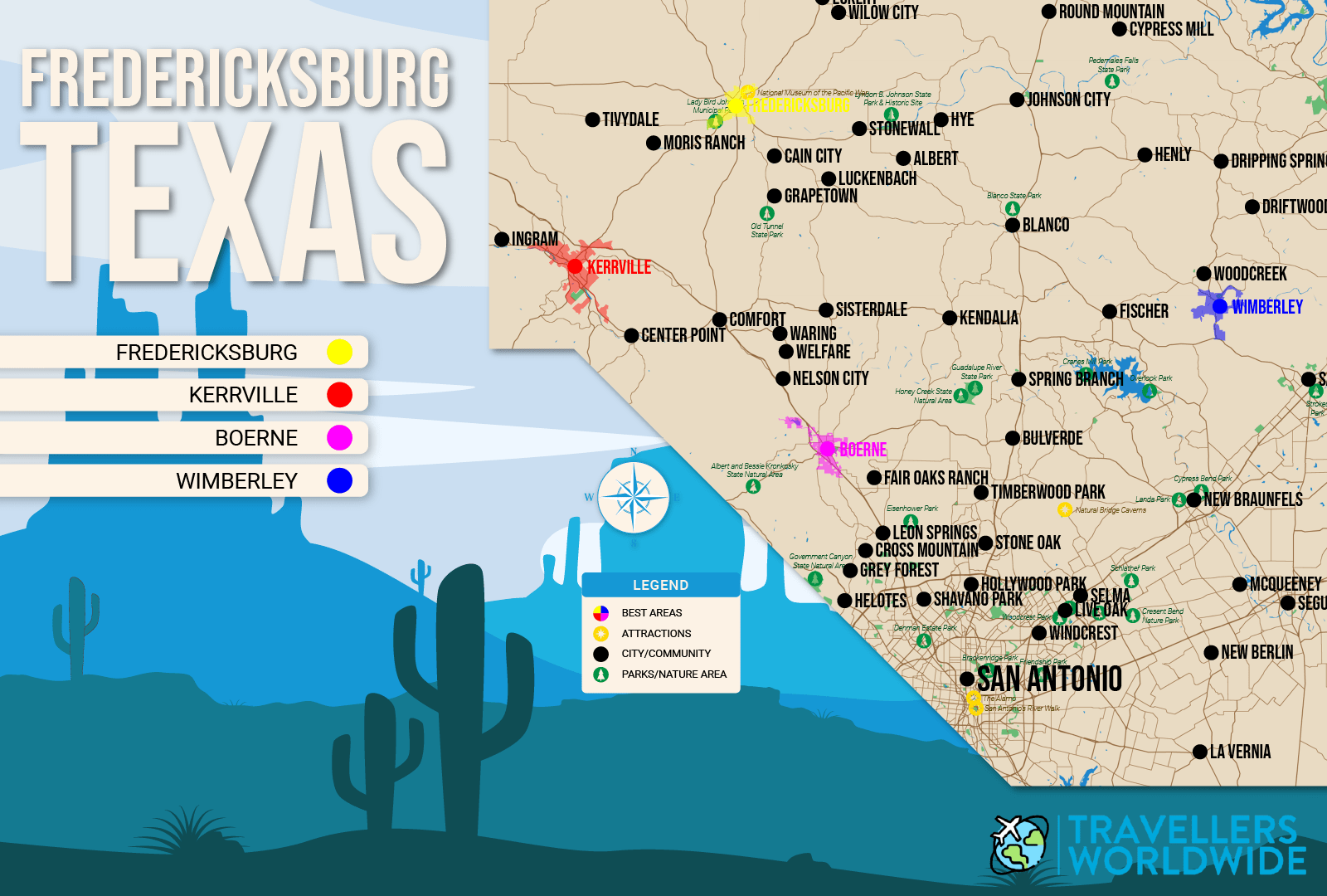 Where to Stay in Fredericksburg map in vector format featuring the 5 best areas of town in blue