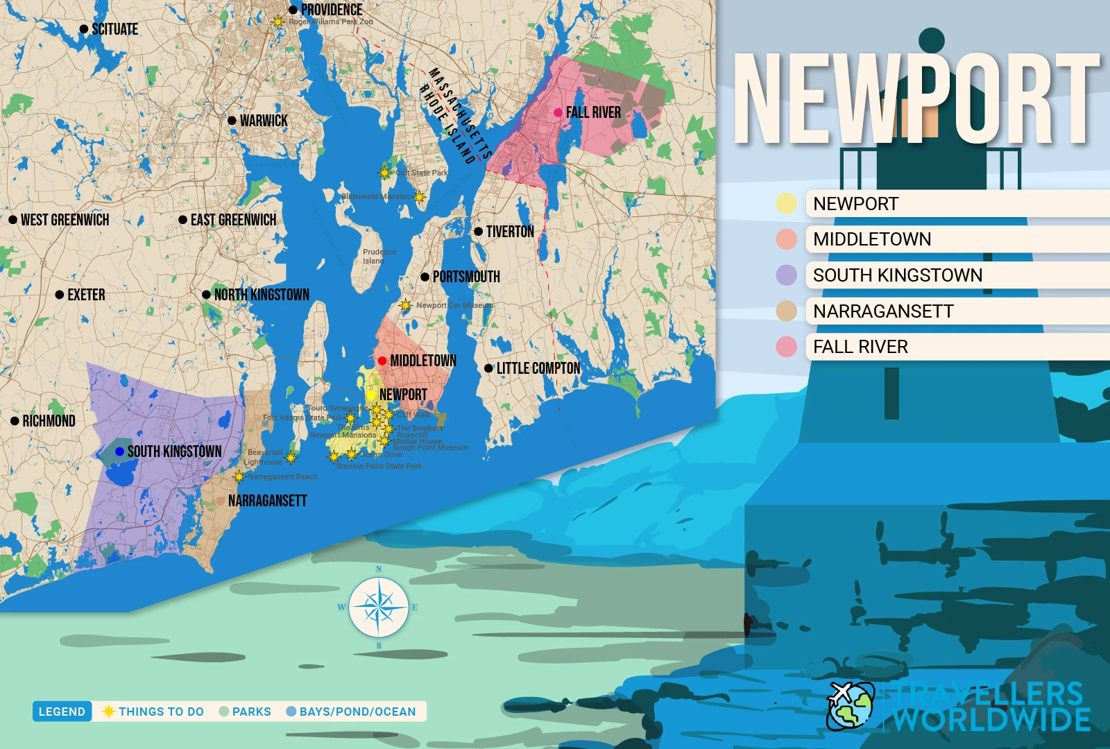 Where to Stay in Newport, RI map in vector format featuring the five best areas of town