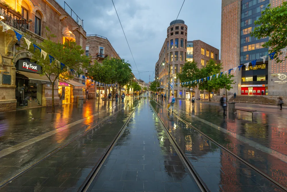 Rainy day in Jerusalem on Jaffa Street during the worst time to visit