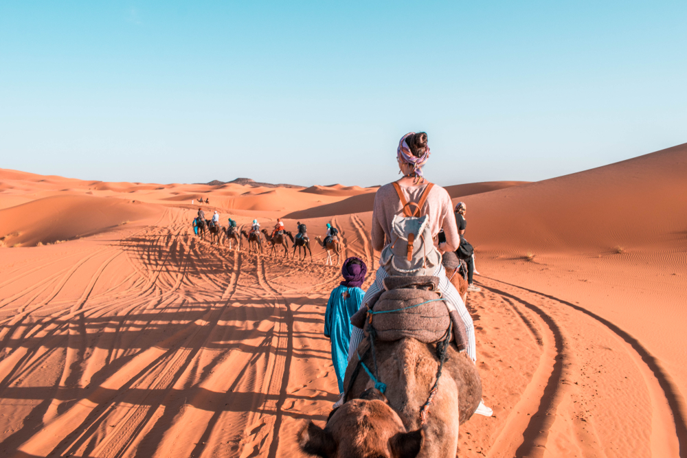 GIrl on a camel following other camels in the Sahara Desert