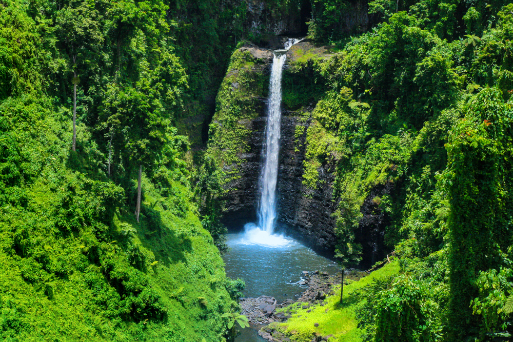 Amazing view of a huge and narrow waterfall in the middle of the jungle in Samoa