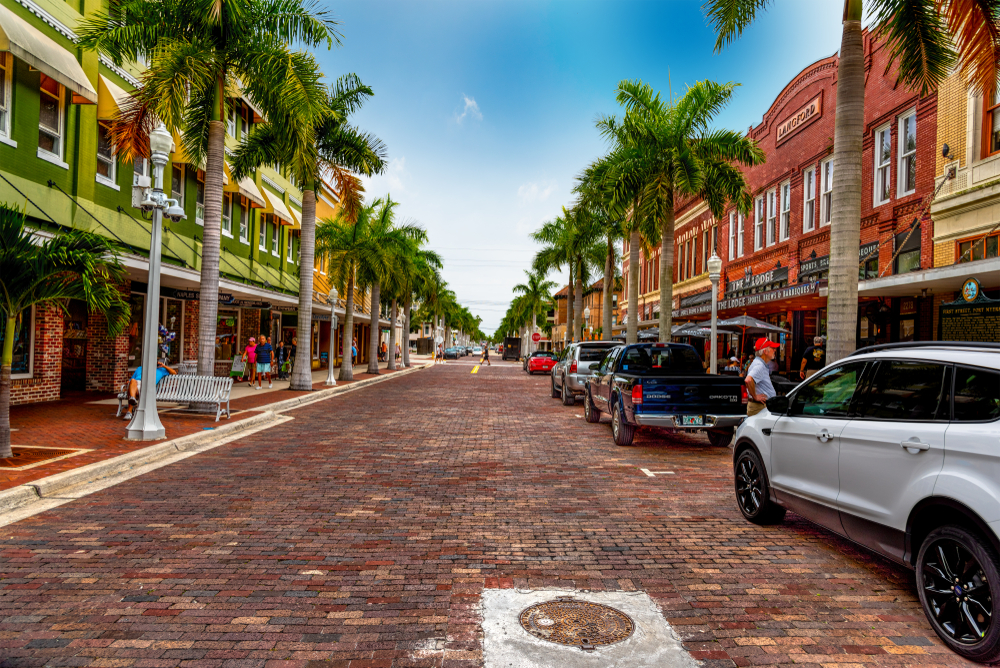 Empty street in the downtown shopping center pictured during the least busy time to visit Fort Myers