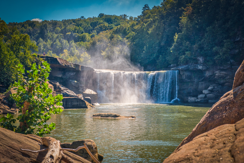 Misty view of Cumberland Falls pictured in the Spring, the best time to visit Kentucky