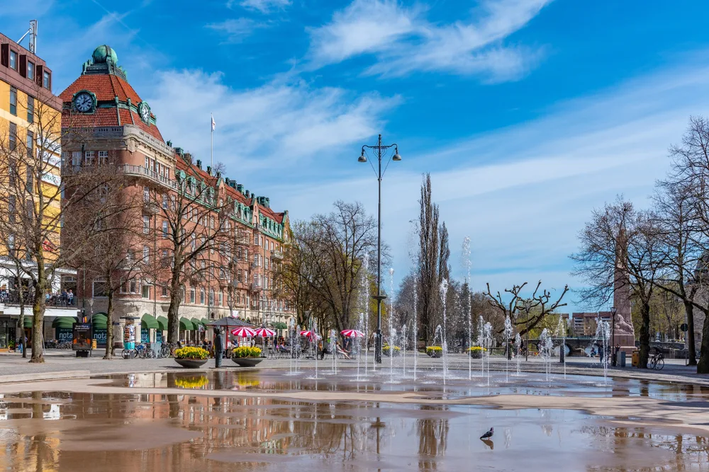 The old Jarntorget square in Orebro, Sweden, as seen on a clear day with few clouds in the sky
