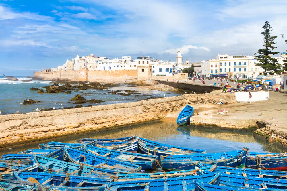 Blue rowboats docked in the small bay of Essaouira while the white city sits imposingly on its seawall in the background