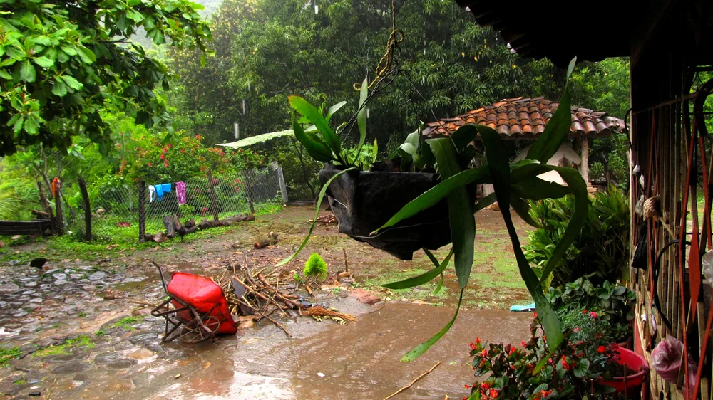 Backyard of a mountain home pictured during the worst time to visit El Salvador with a wheelbarrow tipped over and a plan hanging from a roof