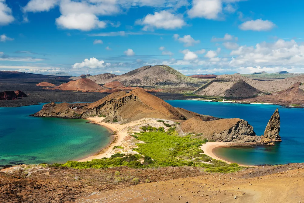 Aerial view of the Galapagos Islands, one of the best places to visit in May, as seen on a clear day
