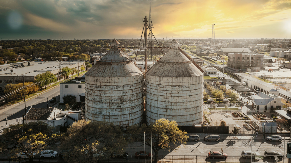 Aerial view of the Waco silos pictured at sunset, one of the best places to visit in Texas