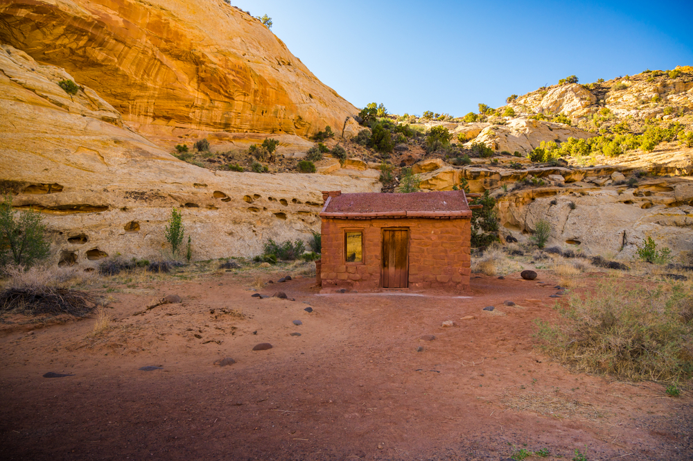 Historic Behunin Cabin at Capitol Reef park during the early morning