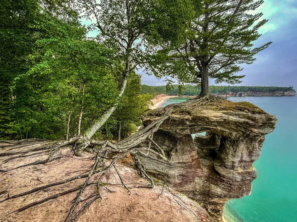 Hiking path leading to the edge of a rocky cliff with a tree jutting out from the rock overlooking the lake during the least busy time to visit Pictured Rocks