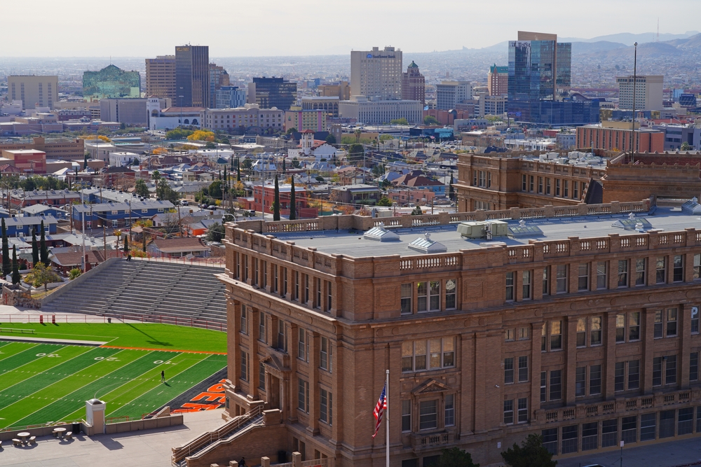 Aerial view of the ballpark and skyline of downtown El Paso, one of our top picks for places to visit in Texas