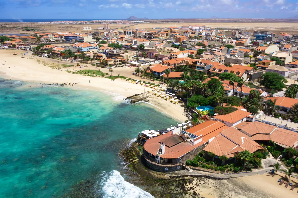 Aerial view of Santa Maria Beach on Sal in Cabo Verde with houses, hotels, and sandy shores for a piece on the best beaches in Africa
