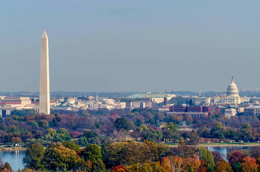 Aerial skyline view of Washington DC in early fall as one of the cheapest places to fly in the US