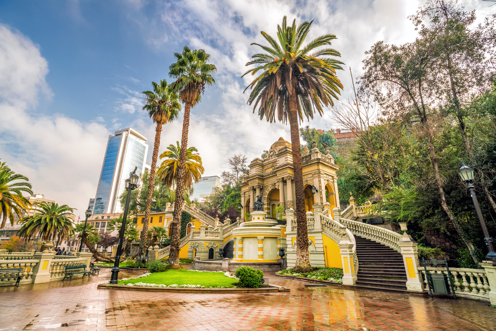 Old Cerro Santa Lucia in Santiago, Chile during the best time to visit, as seen in the morning with nice light pouring over the buildings