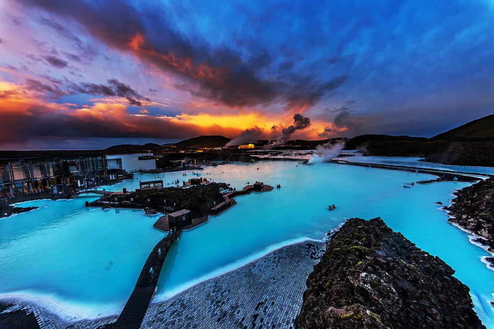 Empty pool at night pictured during the best time to visit Blue Lagoon Iceland
