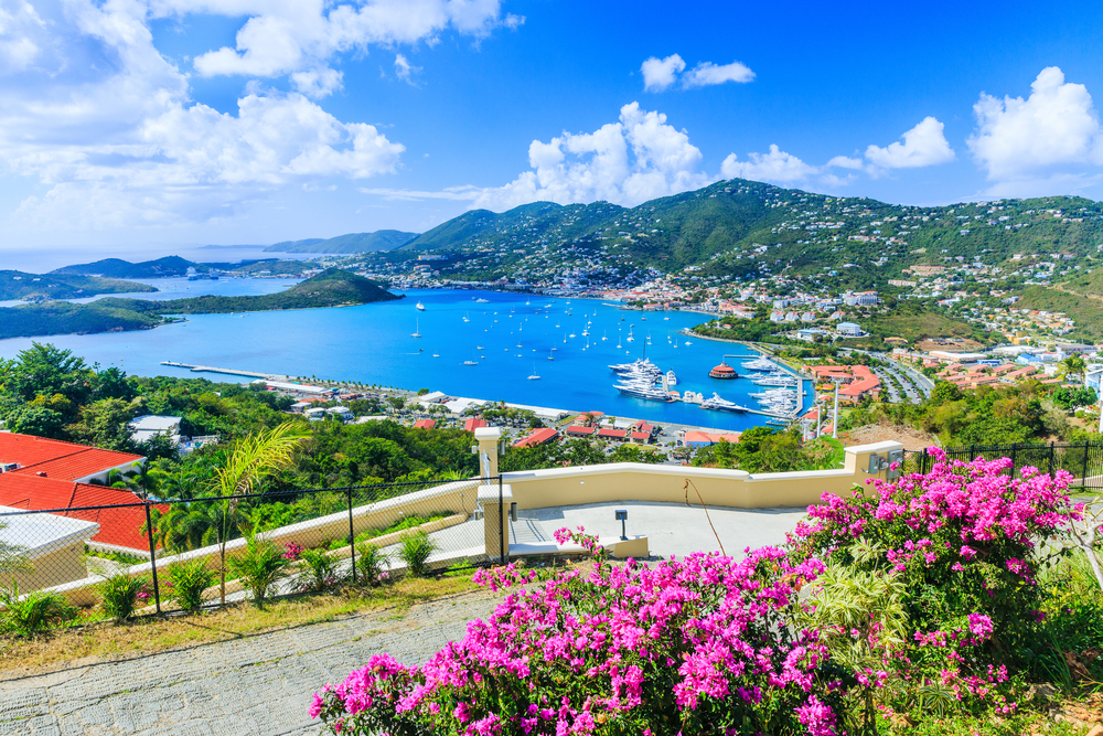 Panoramic view of flowers in bloom and the ocean with mountains in St. Thomas, the US Virgin Islands, as a great destination in May
