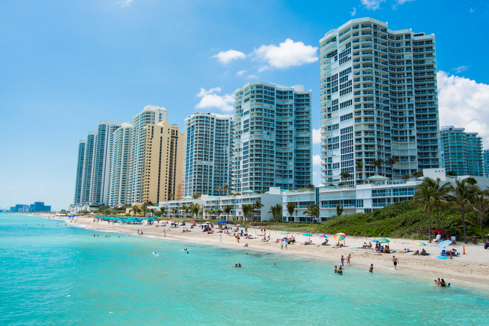 Hotels and condos towering over the water in Sunny Isles in Miami, one of the best places to visit in Florida for couples