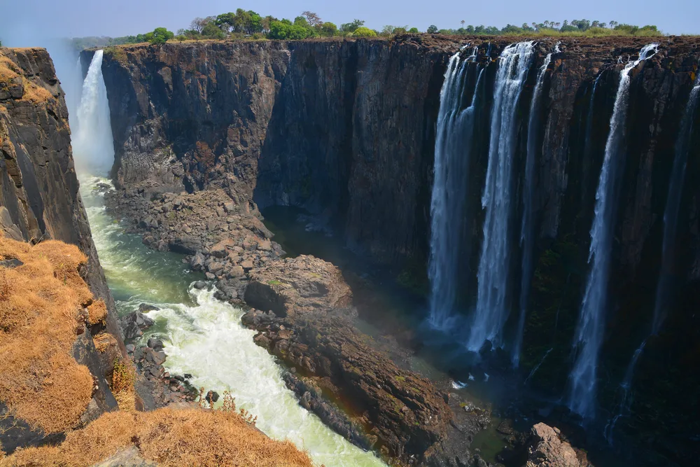 Victoria Falls in Tonga pictured from the observation point with water falling onto the rocks below for a piece titled Is Tonga Safe to Visit