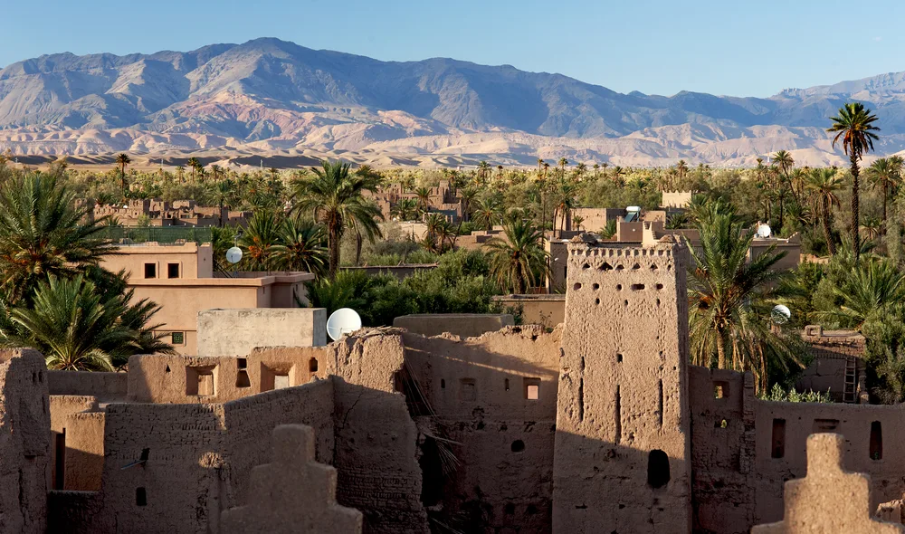 Skoura, one of the best places to visit in Morocco, pictured with lush palm trees surrounding the Kasbah Amridil