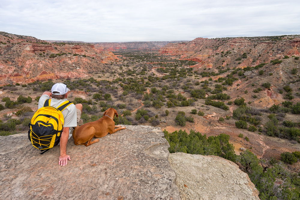 Guy sitting next to his dog on a rock formation overlooking the Palo Duro Canyon during the best time to visit