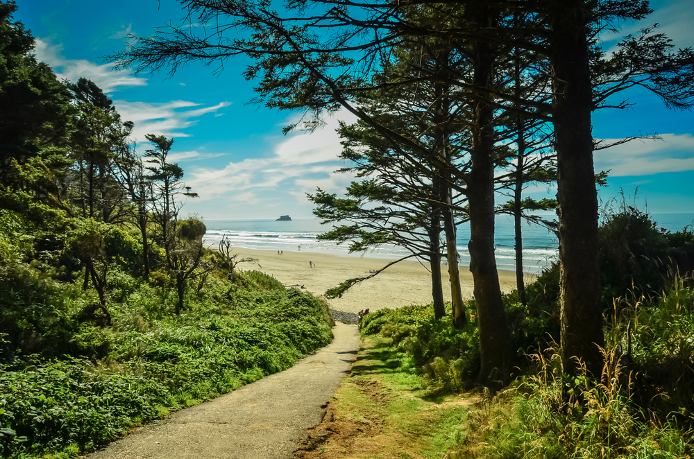 Hug Point pictured with a walking path to Cannon Beach as seen during the least busy time to visit