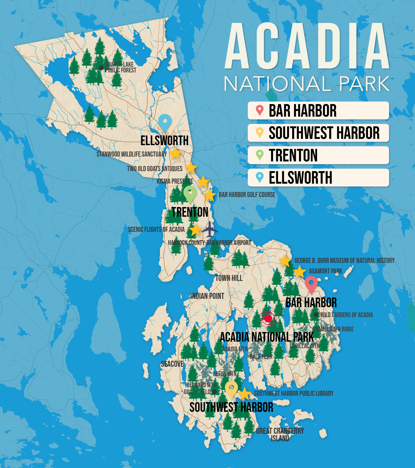 Vector map of Acadia National Park pictured with several of the best places to stay and attractions to visit