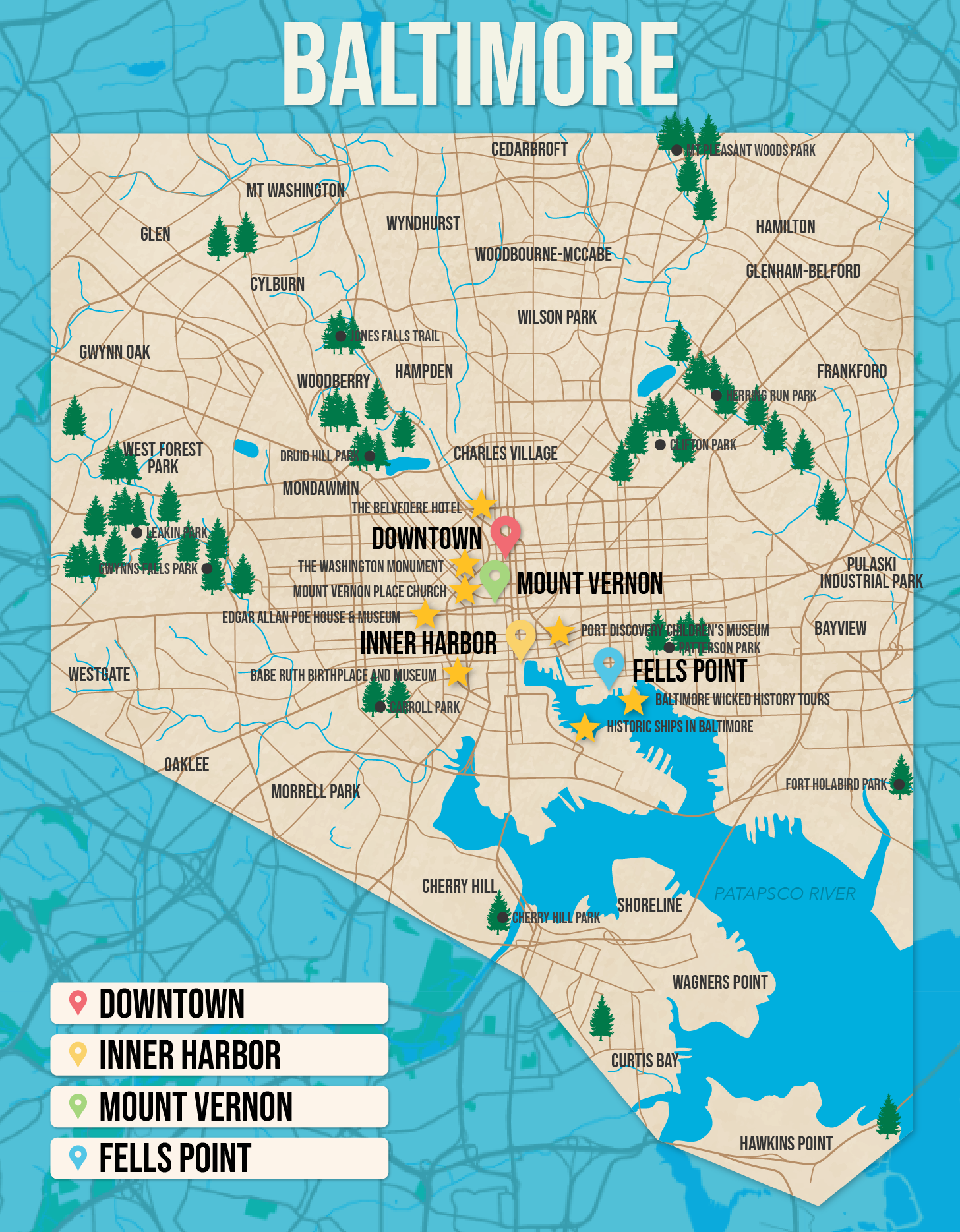 Vector map of Baltimore pictured with several of the best places to stay and attractions to visit