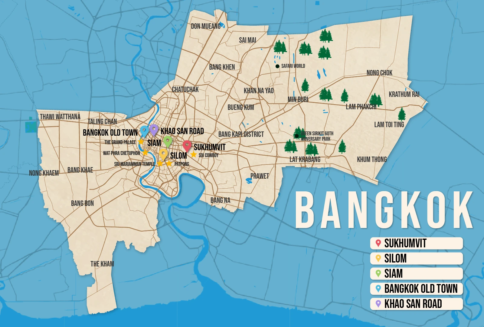 Vector map of Bangkok pictured with several of the best places to stay and attractions to visit