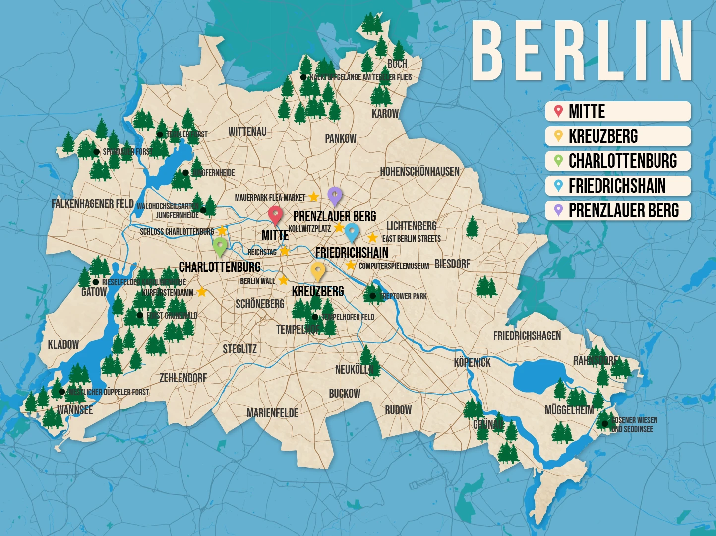 Vector map of Berlin pictured with several of the best places to stay and attractions to visit